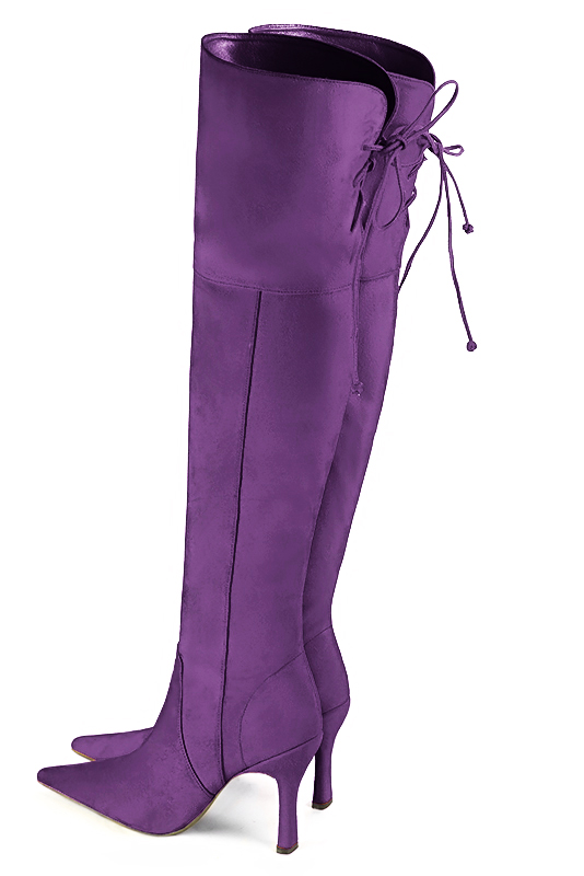 Amethyst purple women's leather thigh-high boots. Pointed toe. Very high spool heels. Made to measure. Rear view - Florence KOOIJMAN